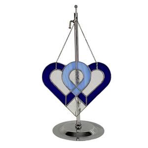 Double Heart Stained Glass Suncatcher Window Hanging Ornament Blue & Clear 8x7
